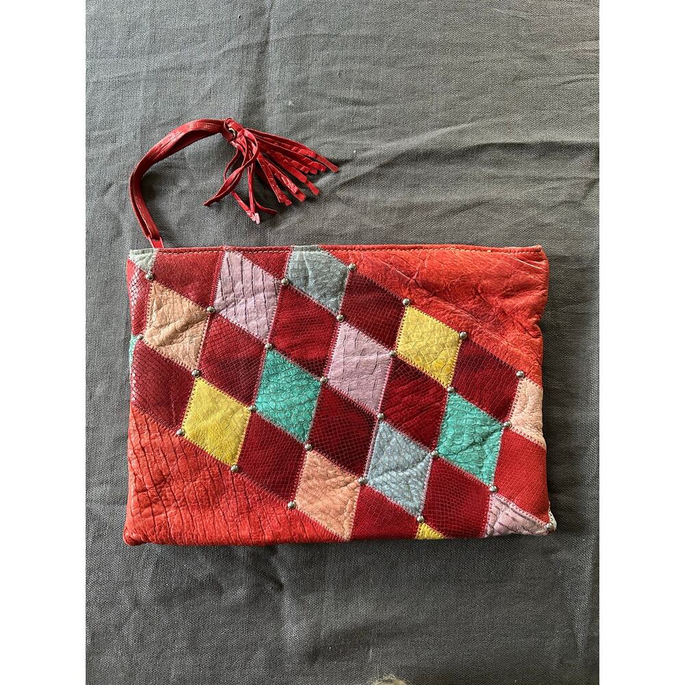 Vintage wristlet clutch large leather patchwork
Unique red